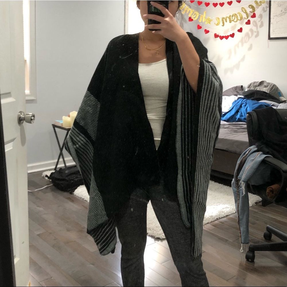 Oversized Reversible Shawl Poncho Scarf Gray Black